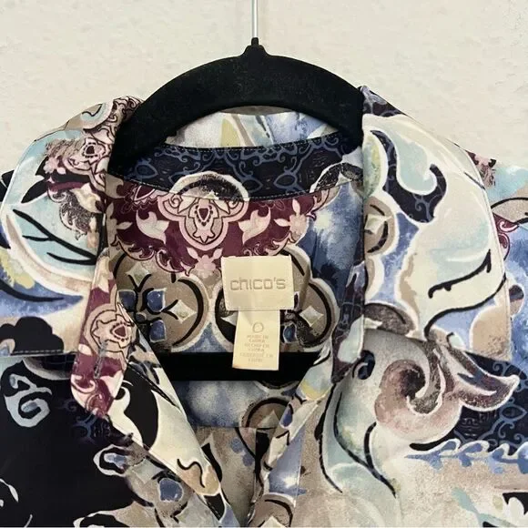 Chicos Mystic Mix Geneva BoHo Silky Shirt Blouse Button Down Paisley Size Small - Picture 4 of 9